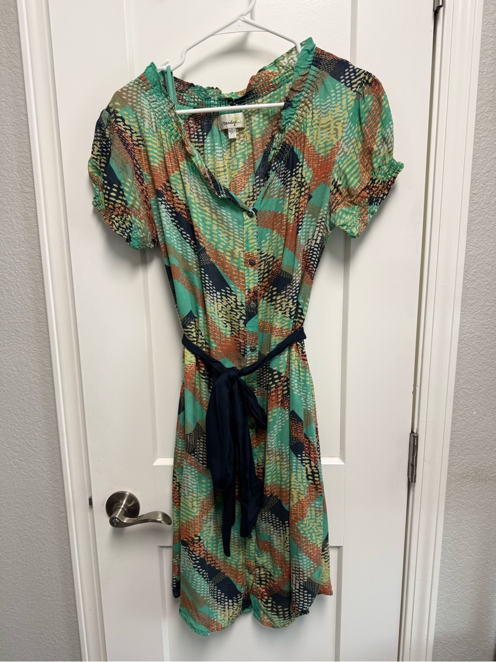 Anthropologie Porridge Short Sleeve V-Neck Printed Dress in Teal and Navy